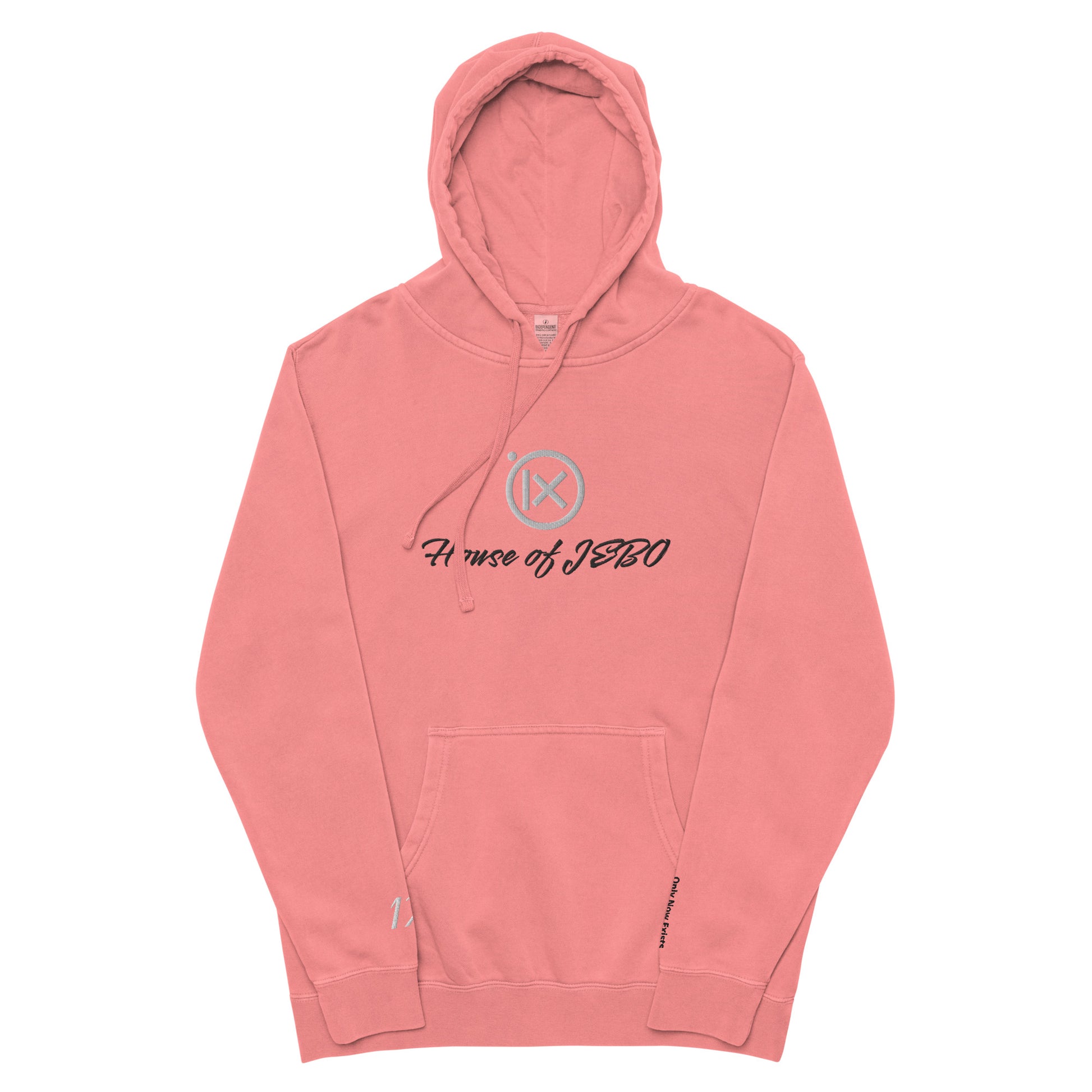 Vintage pigment hoodie with front graphic, hood with drawstrings, kangaroo pocket. Pink.