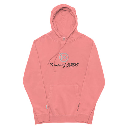 Vintage pigment hoodie with front graphic, hood with drawstrings, kangaroo pocket. Pink.