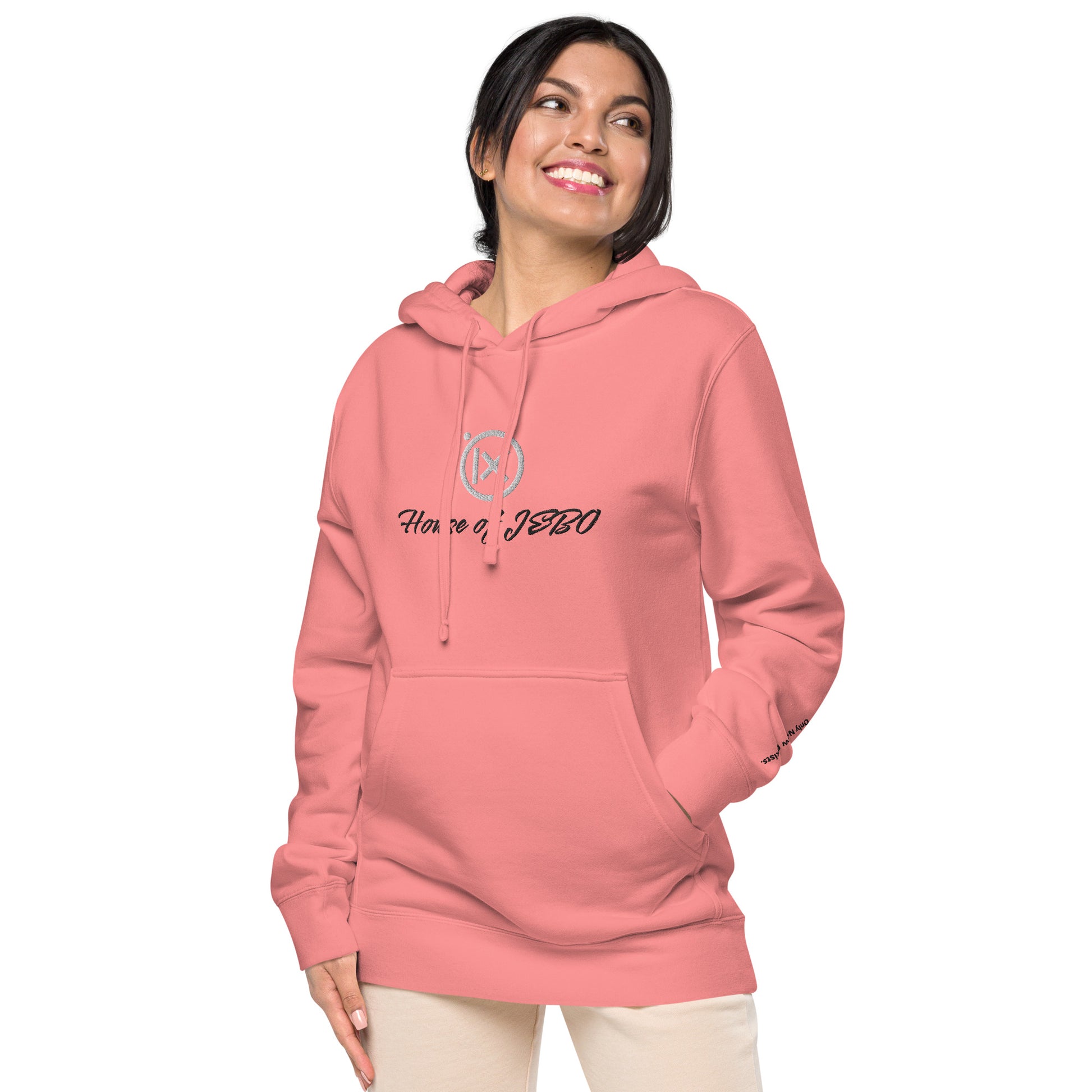Coral-pink vintage pigment hoodie, front kangaroo pocket and hood drawstrings, logo chest