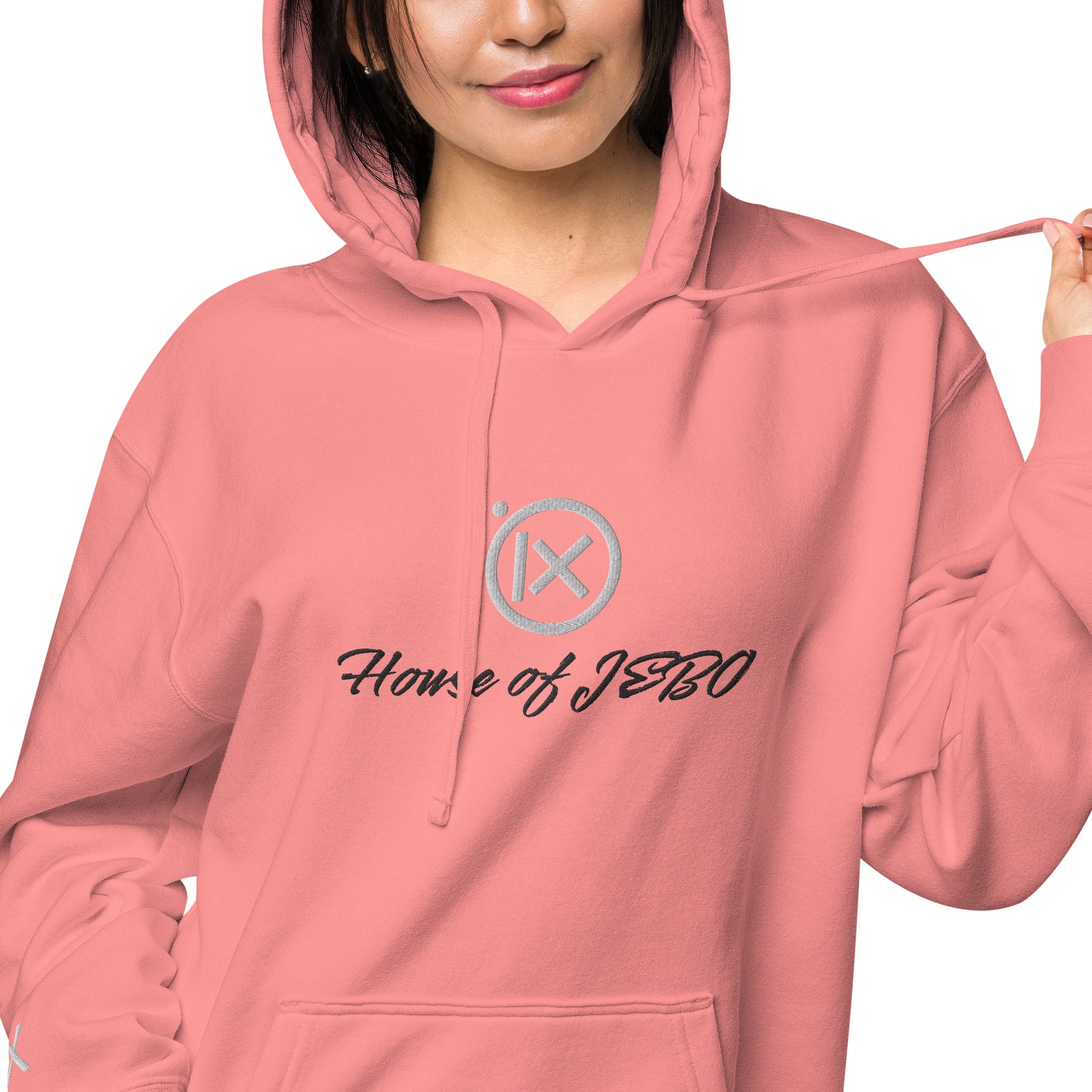 Coral-pink vintage pigment hoodie with hood drawstrings, front pocket, chest logo print