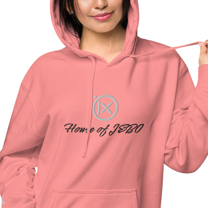 Coral-pink vintage pigment hoodie with hood drawstrings, front pocket, chest logo print