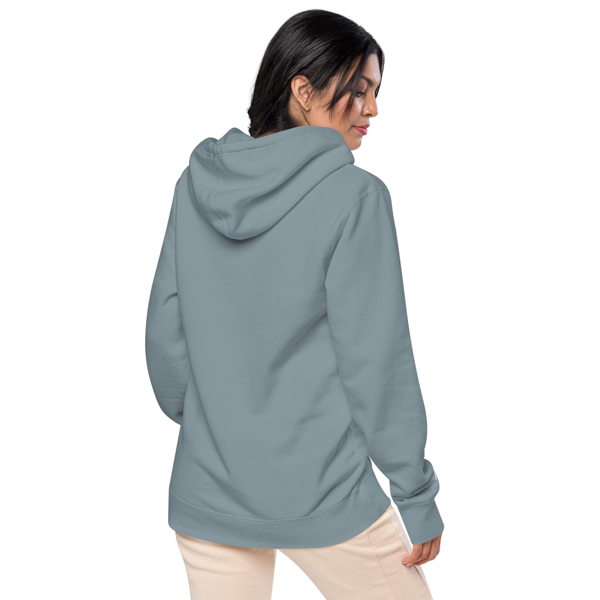 Slate blue vintage pigment hoodie, back view with hood and drawstrings, ribbed cuffs