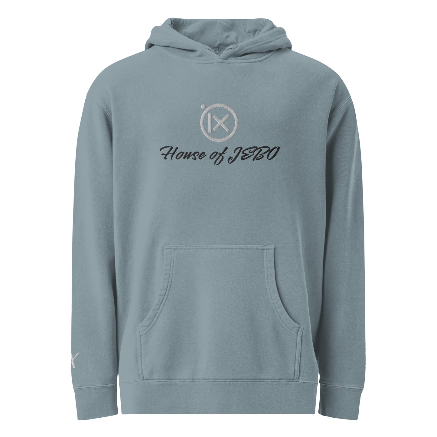 JEBO 1X vintage pigment hoodie, blue-gray, back view, hood and drawstring, House of JEBO logo