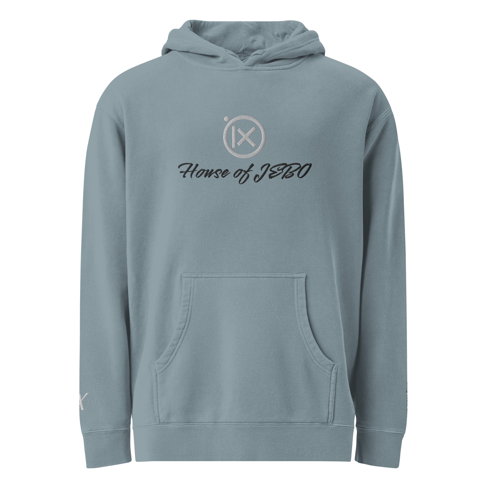 JEBO 1X vintage pigment hoodie, blue-gray, back view, hood and drawstring, House of JEBO logo
