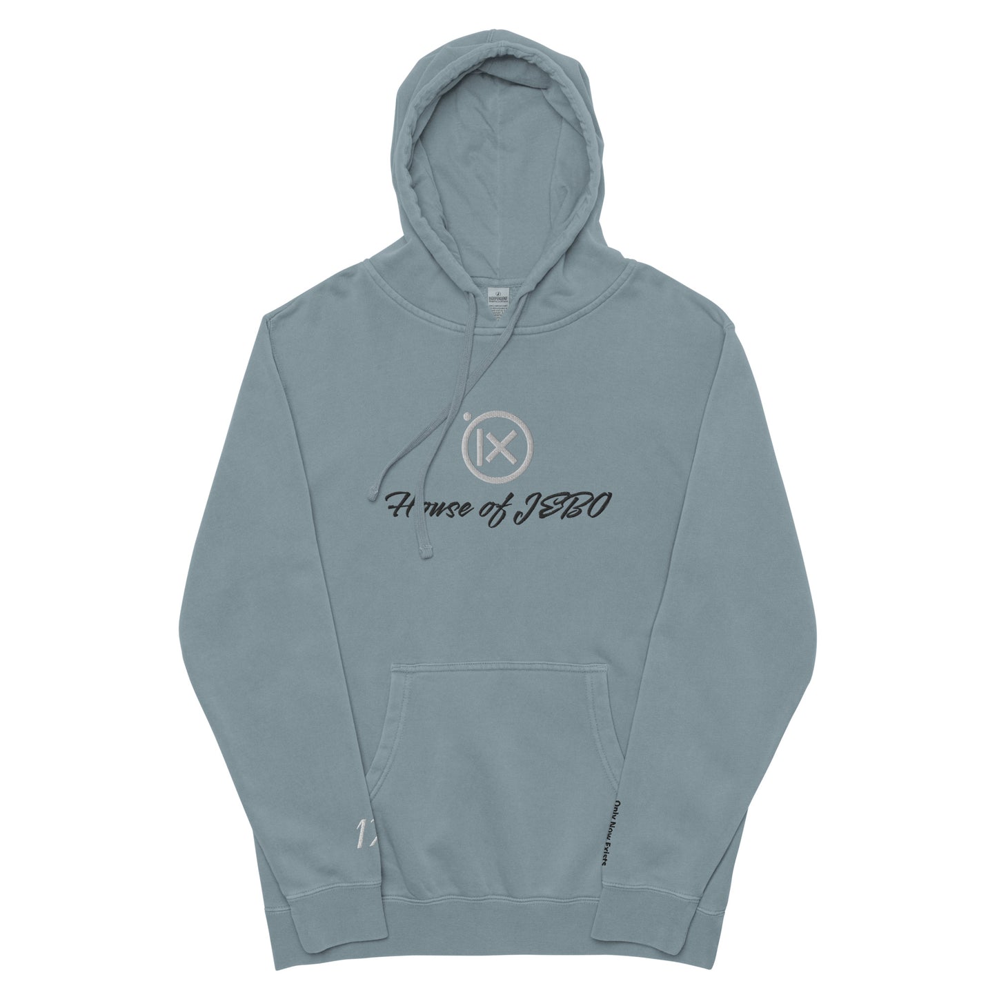 JEBO 1X vintage pigment hoodie, light blue, front pouch, drawstring, House of JEBO logo