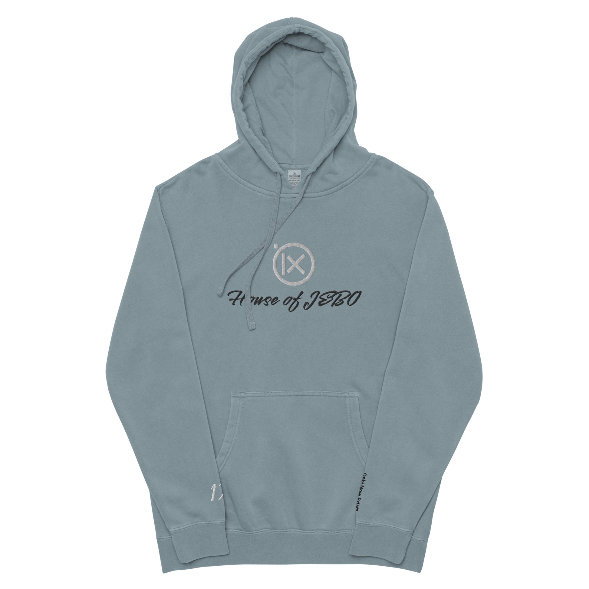 JEBO 1X vintage pigment hoodie, light blue, front pouch, drawstring, House of JEBO logo