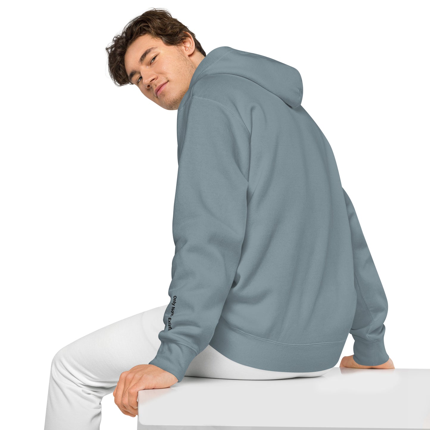 Slate blue vintage pigment hoodie with hood drawstrings, kangaroo pocket, ribbed cuffs