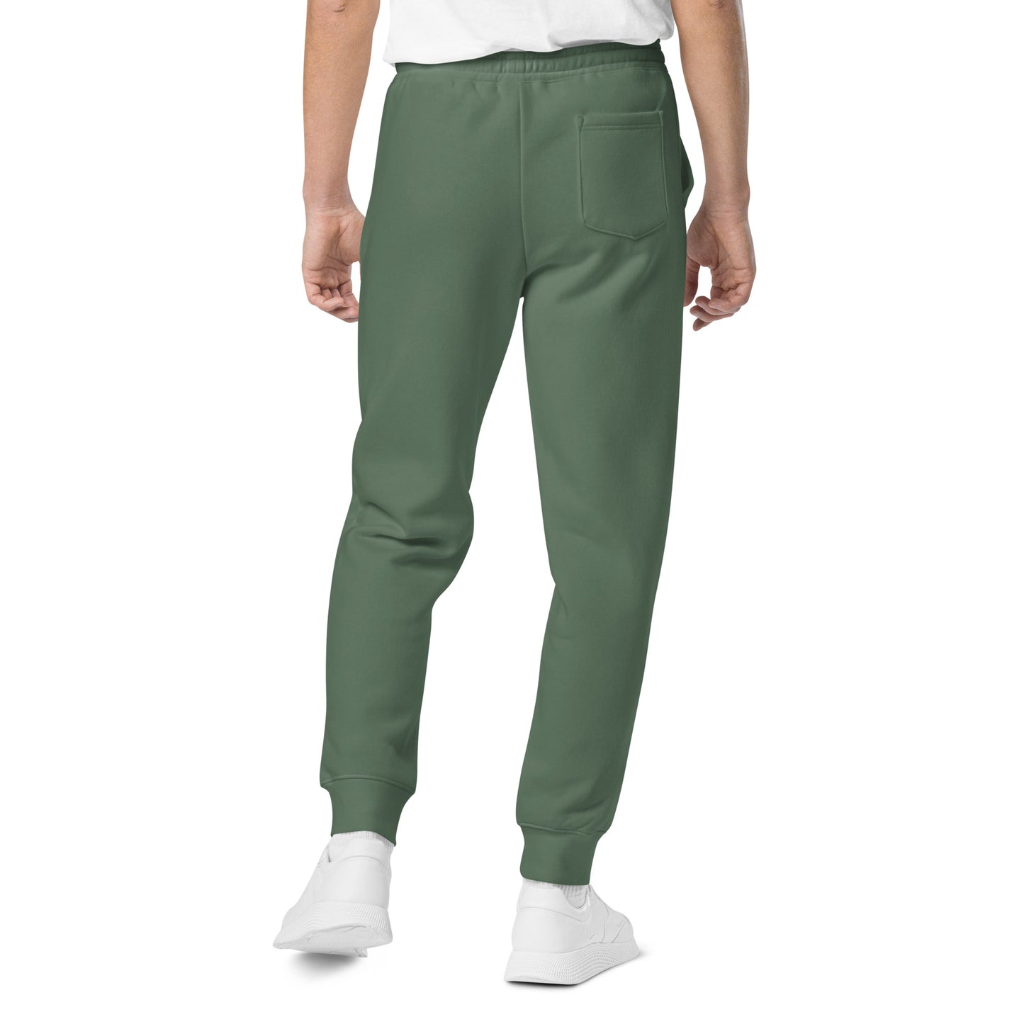 Vintage pigment sweatpants in dark green on model with back pocket detail