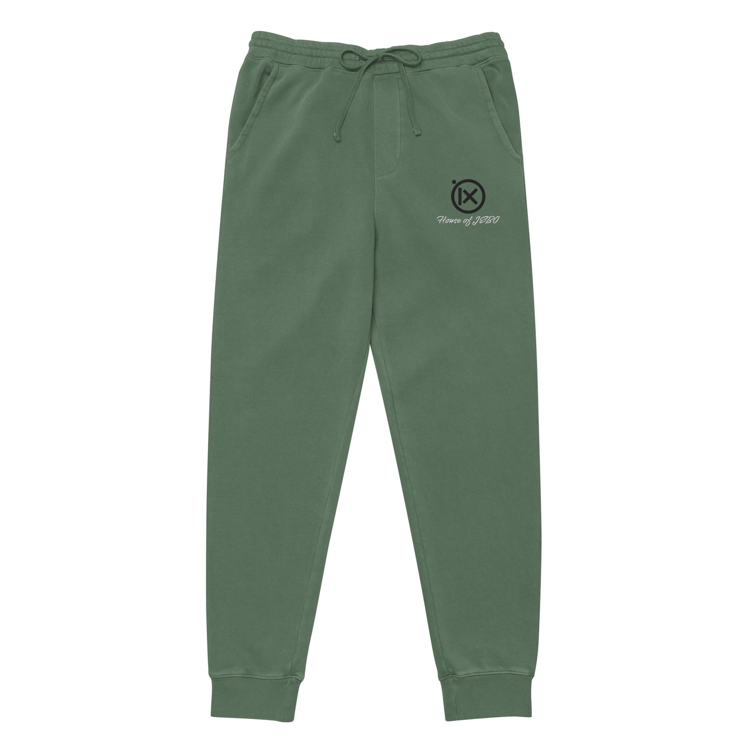 Vintage pigment sweatpants in green, elastic waistband with drawstring, cuffed hems, side logo