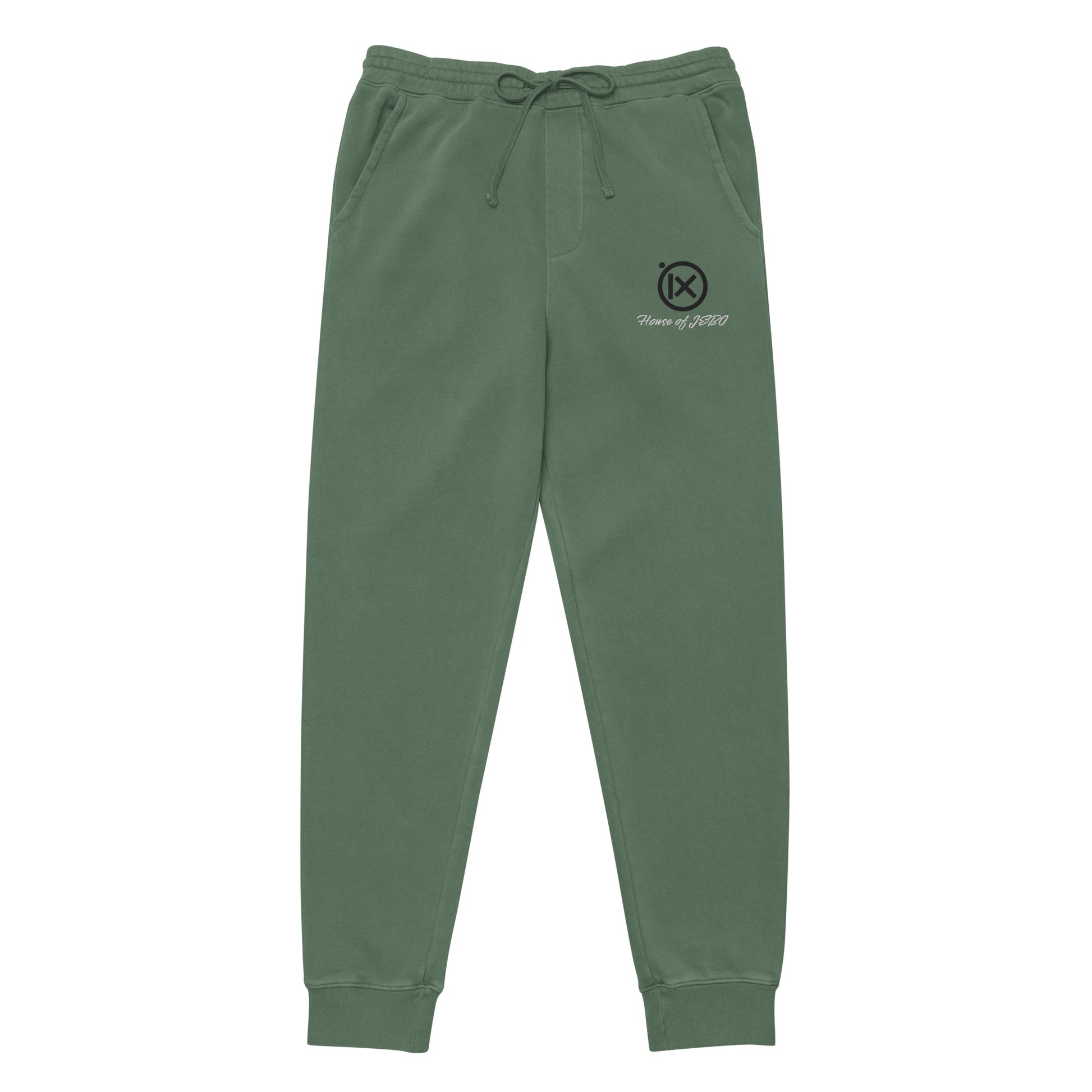 Vintage pigment sweatpants in green, elastic waistband with drawstring, cuffed hems, side logo