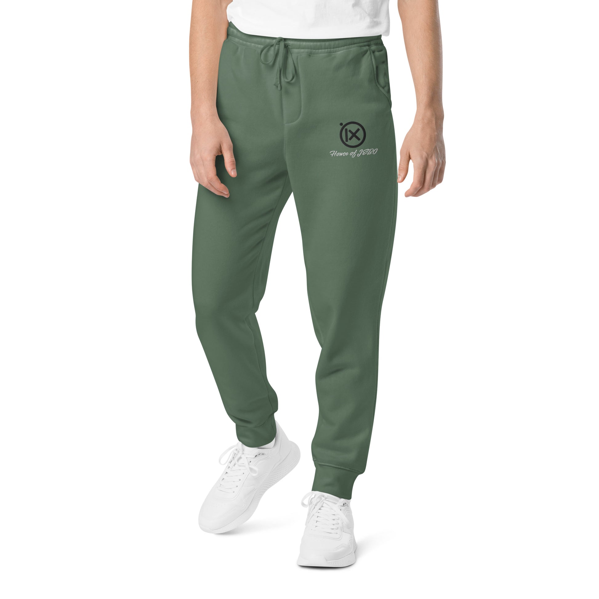 JEBO vintage pigment sweatpants, dark green jogger with drawstring waist and logo patch