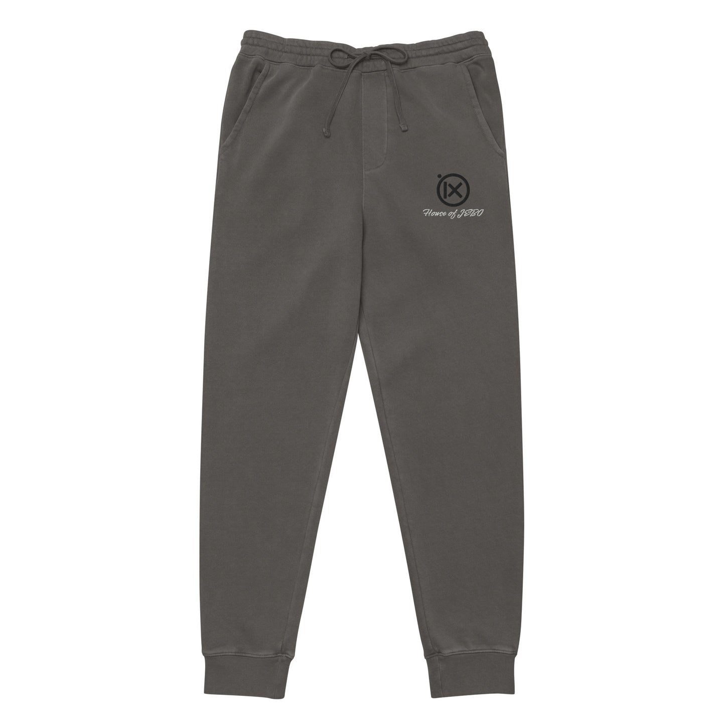 Vintage pigment sweatpants in dark gray, elastic waistband drawstring, cuffed hems, side logo