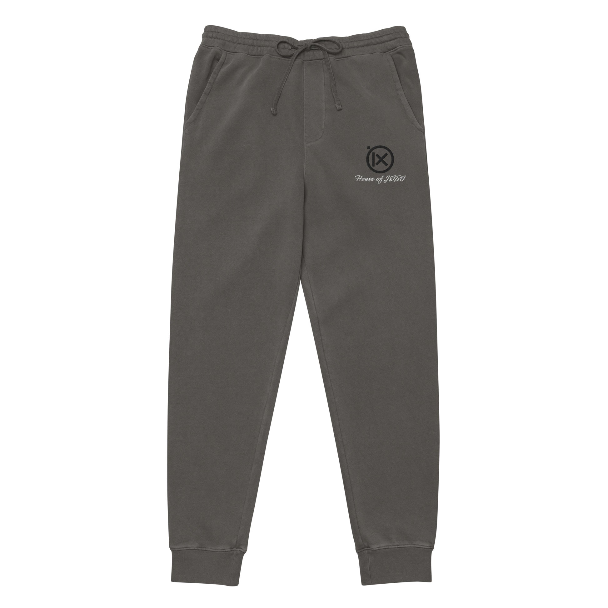 Vintage pigment sweatpants in dark gray, elastic waistband drawstring, cuffed hems, side logo