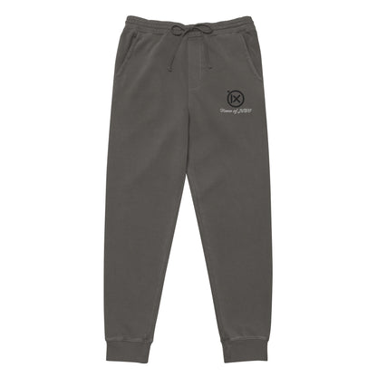 Vintage pigment sweatpants in dark gray, elastic waistband drawstring, cuffed hems, side logo