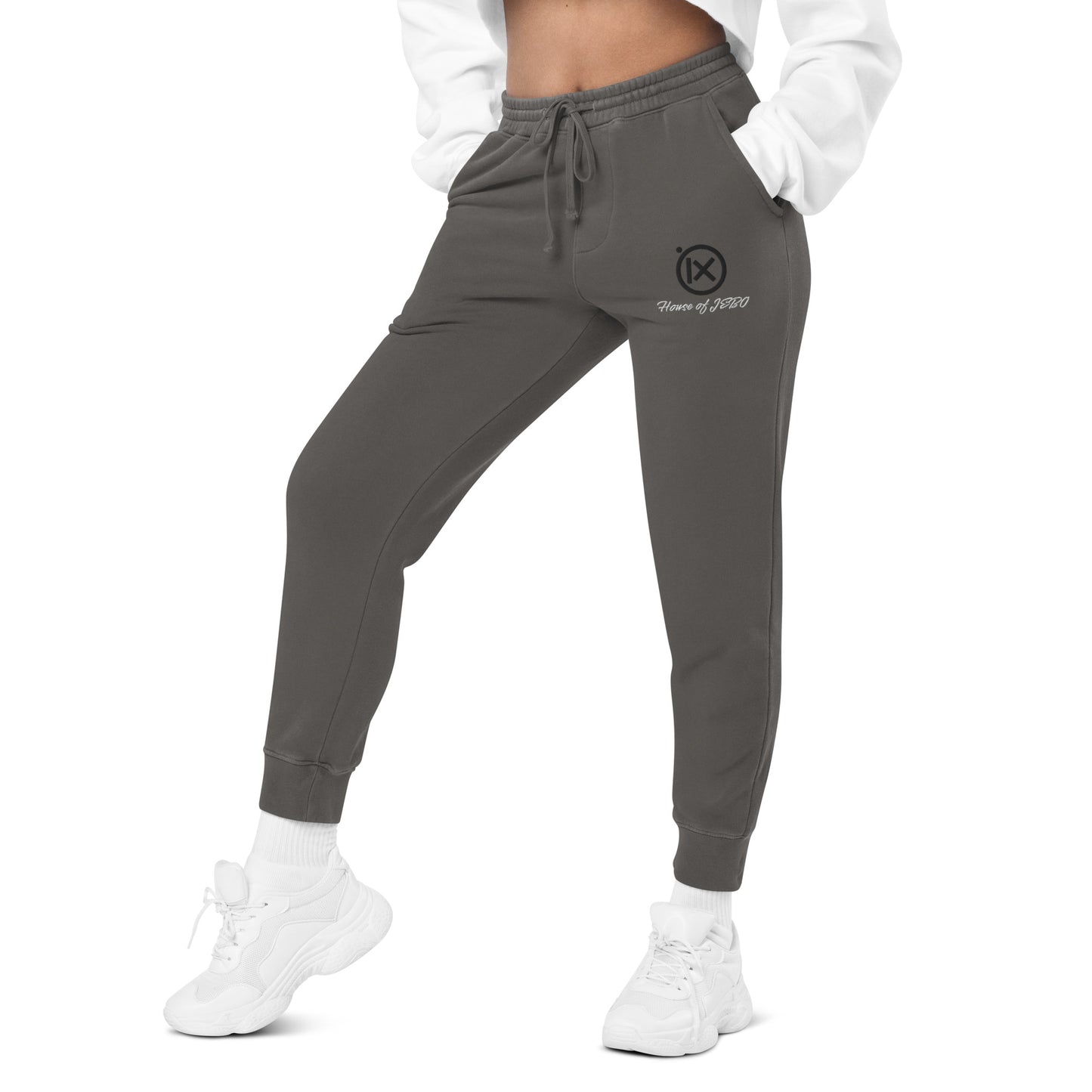 Dark gray vintage pigment sweatpants with drawstring waist and tapered cuffs