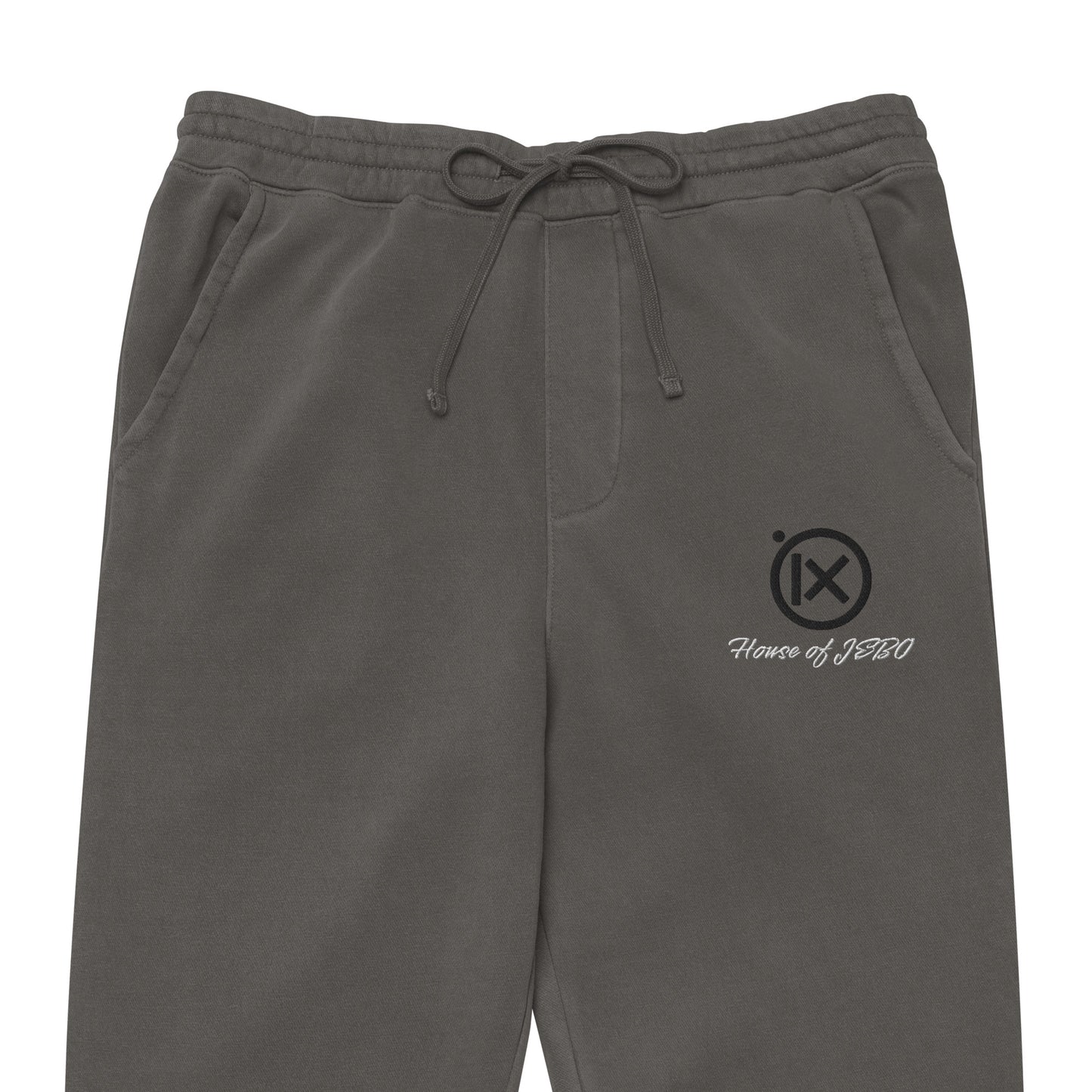 Vintage pigment sweatpants in dark gray with drawstring waistband, side logo, cuffed hems