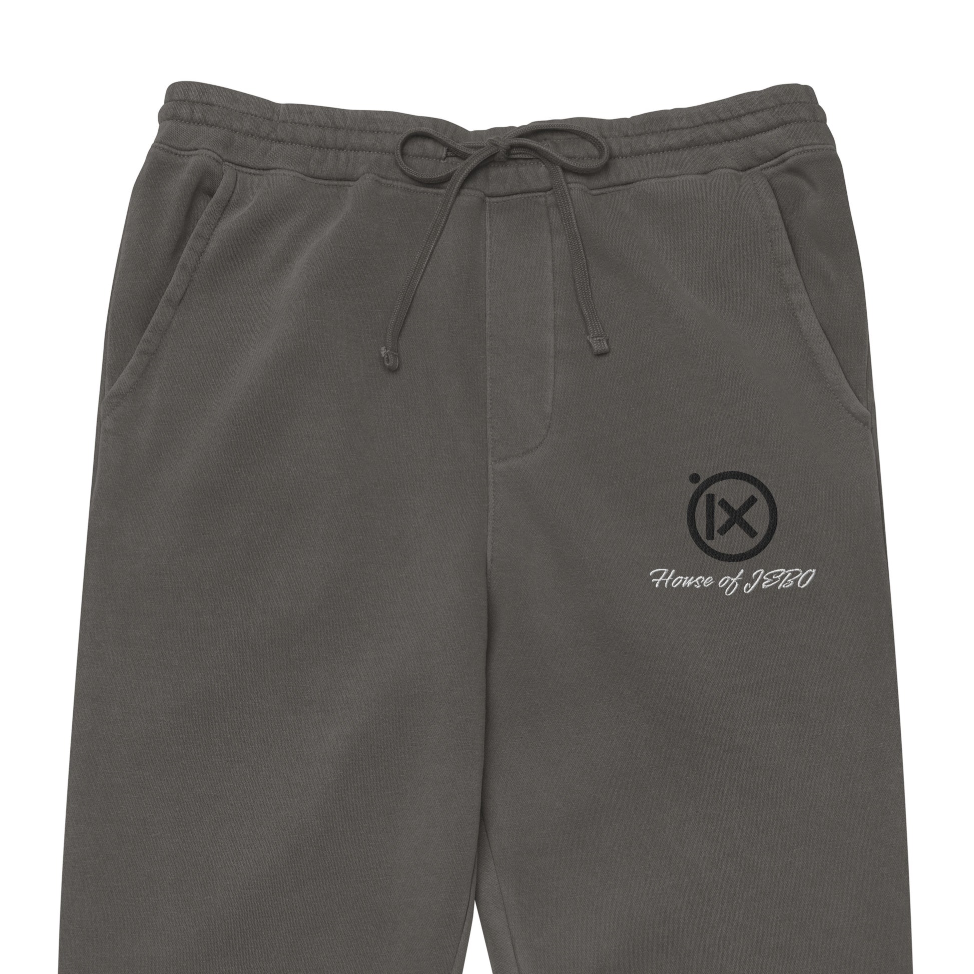 Vintage pigment sweatpants in dark gray with drawstring waistband, side logo, cuffed hems