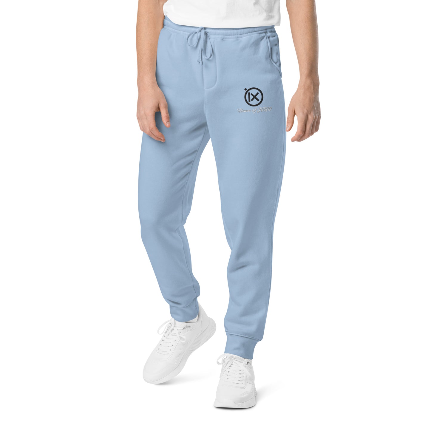 JEBO vintage pigment sweatpants, powder blue jogger with drawstring waist and thigh logo