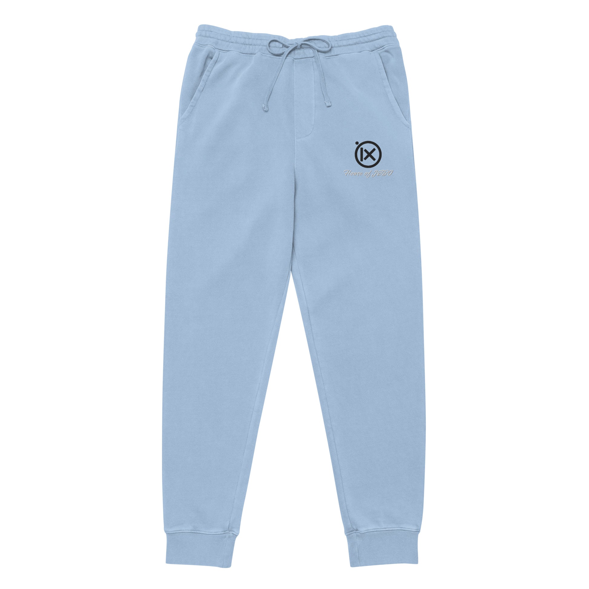 Vintage pigment sweatpants in light blue, elastic drawstring waistband, cuffed hems, side logo