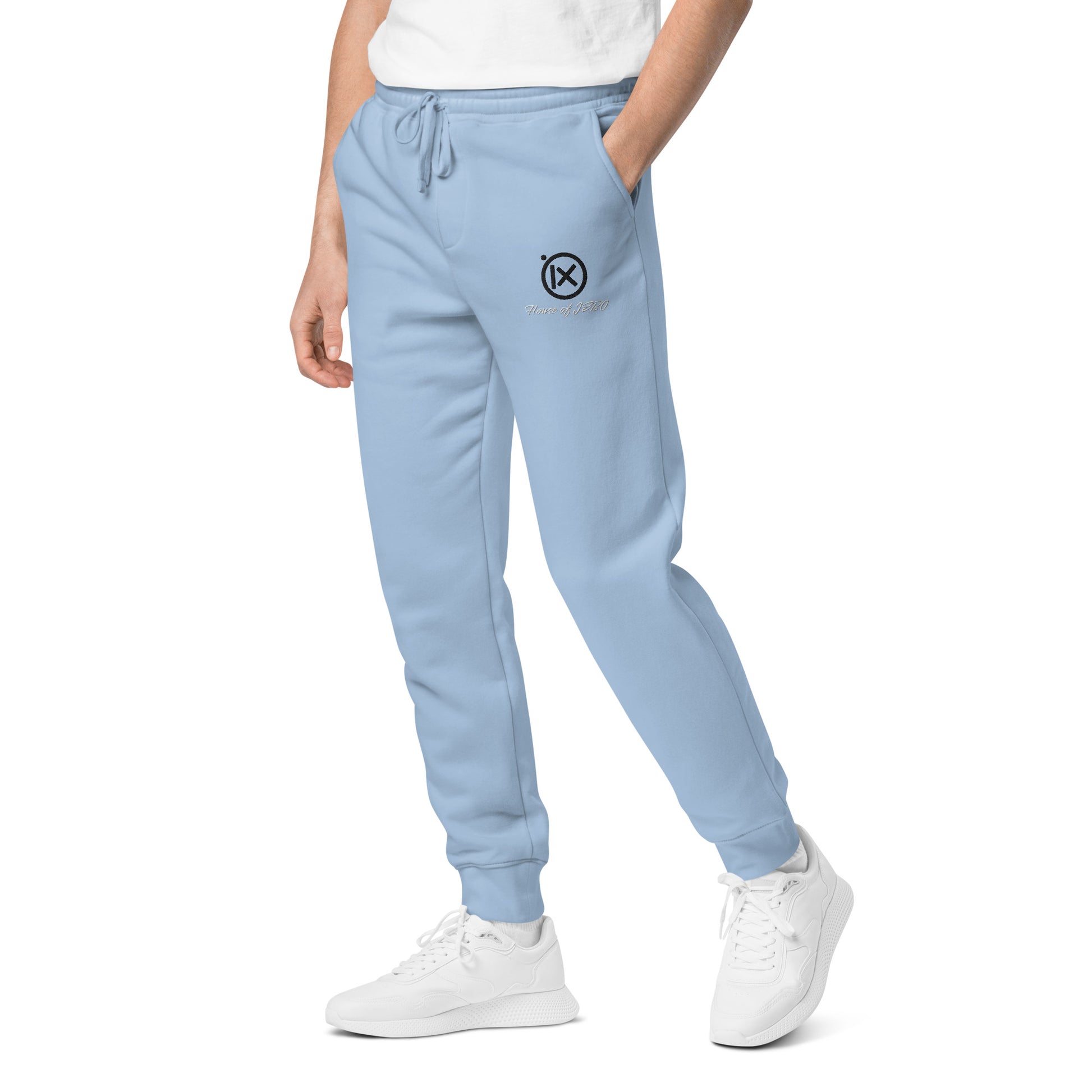 JEBO vintage pigment sweatpants, light blue jogger with drawstring waist and logo patch