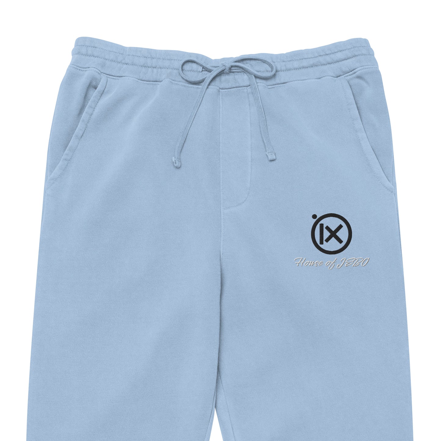 Vintage pigment sweatpants in light blue with drawstring waistband, side logo, cuffed hems