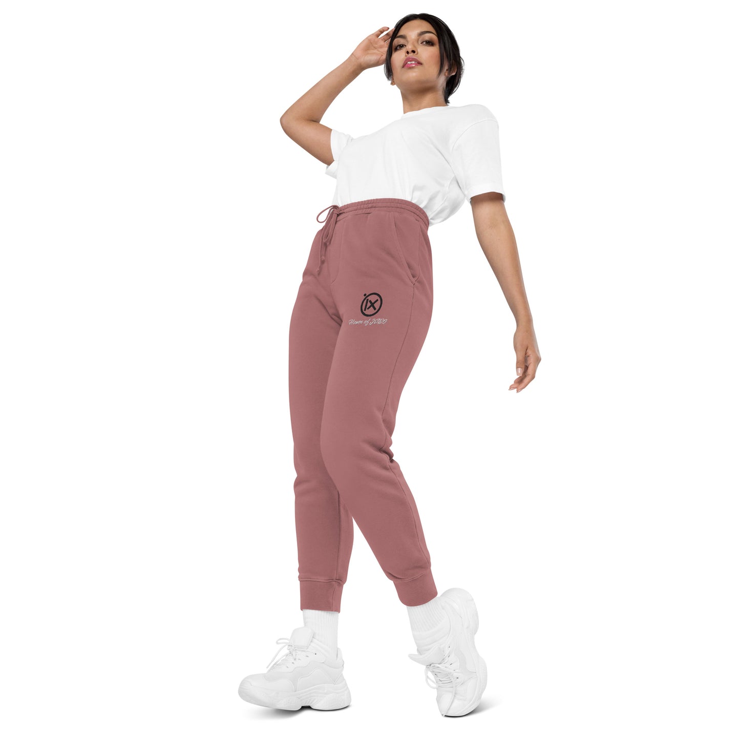 Maroon vintage pigment sweatpants with drawstring waist, logo on thigh, cuffed hems