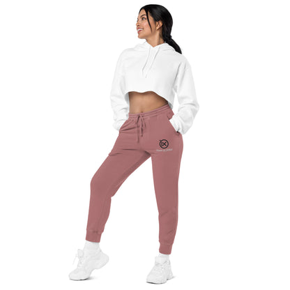 Maroon vintage pigment sweatpants, back view, drawstring waist and thigh logo