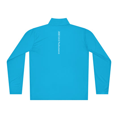 Performance quarter-zip pullover, bright blue, mock neck half-zip with back logo