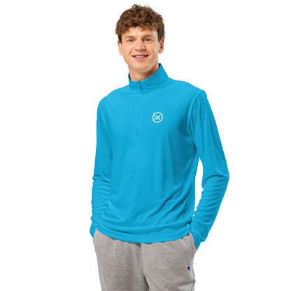Bright blue lightweight quarter-zip pullover with mock neck and chest logo.