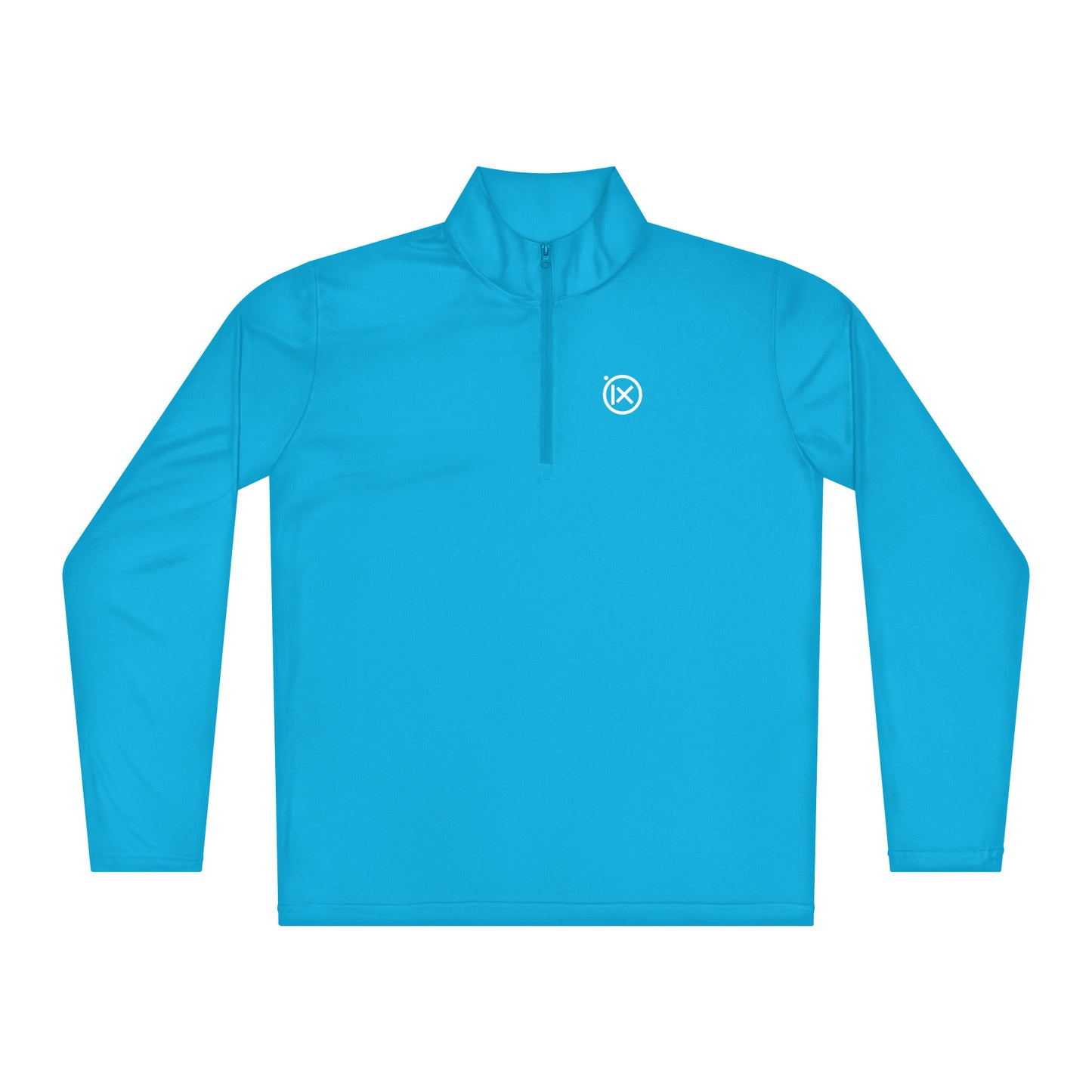 Performance quarter-zip pullover, bright blue, front half-zip with Ix chest logo