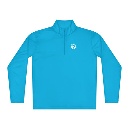 Performance quarter-zip pullover, bright blue, front half-zip with Ix chest logo
