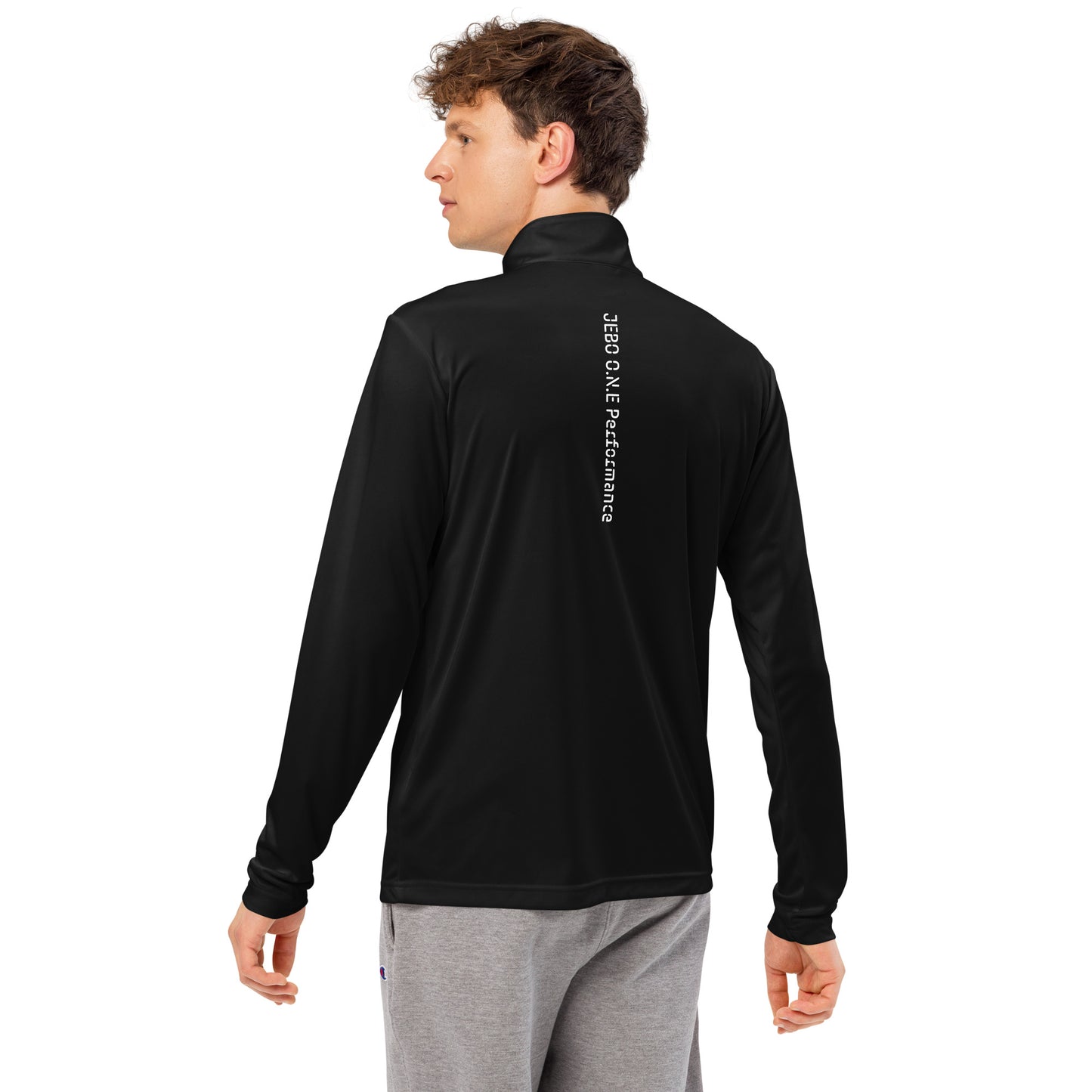 Black lightweight quarter-zip pullover, back view with mock neck and small logo.