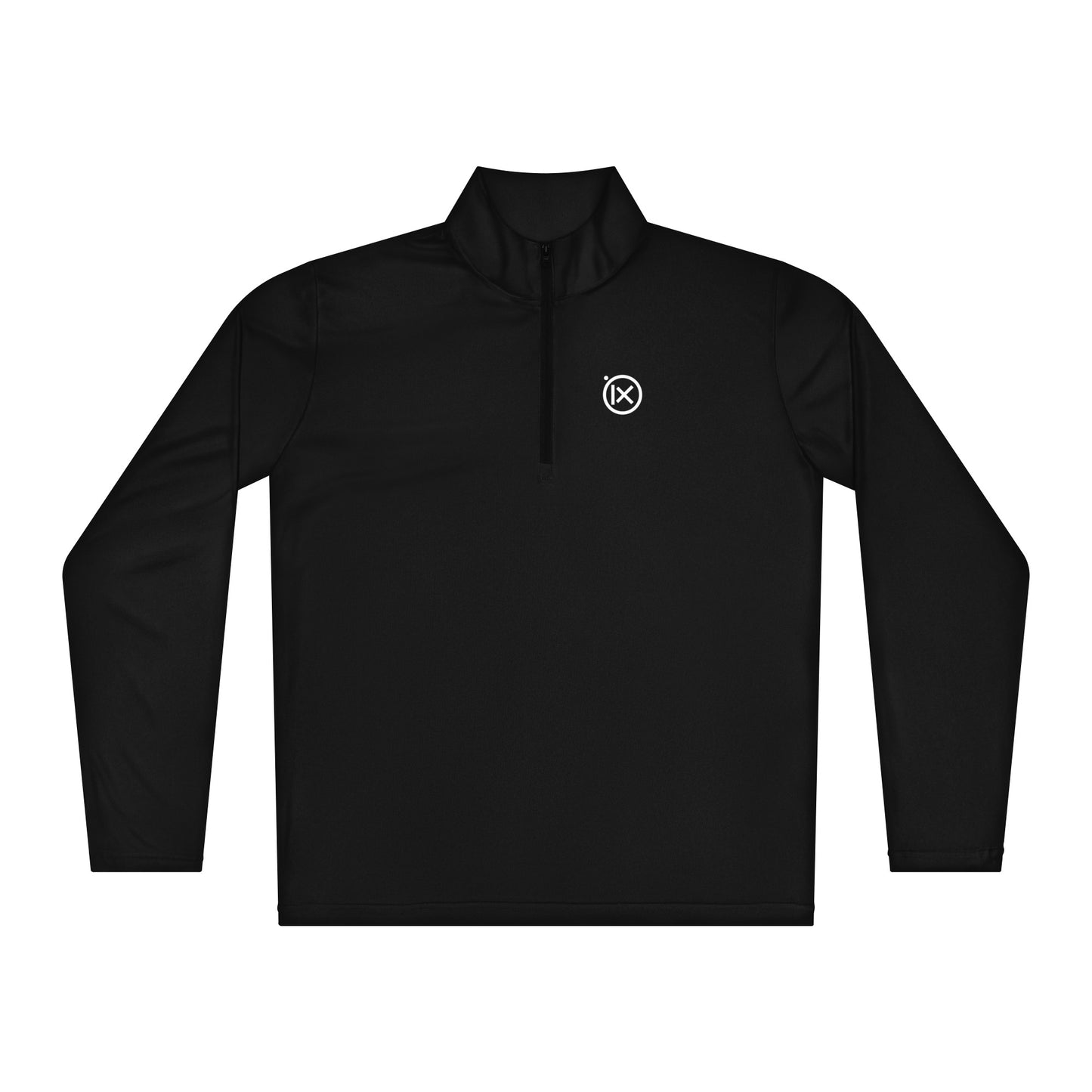 Performance quarter-zip pullover, black, front half-zip with Ix chest logo