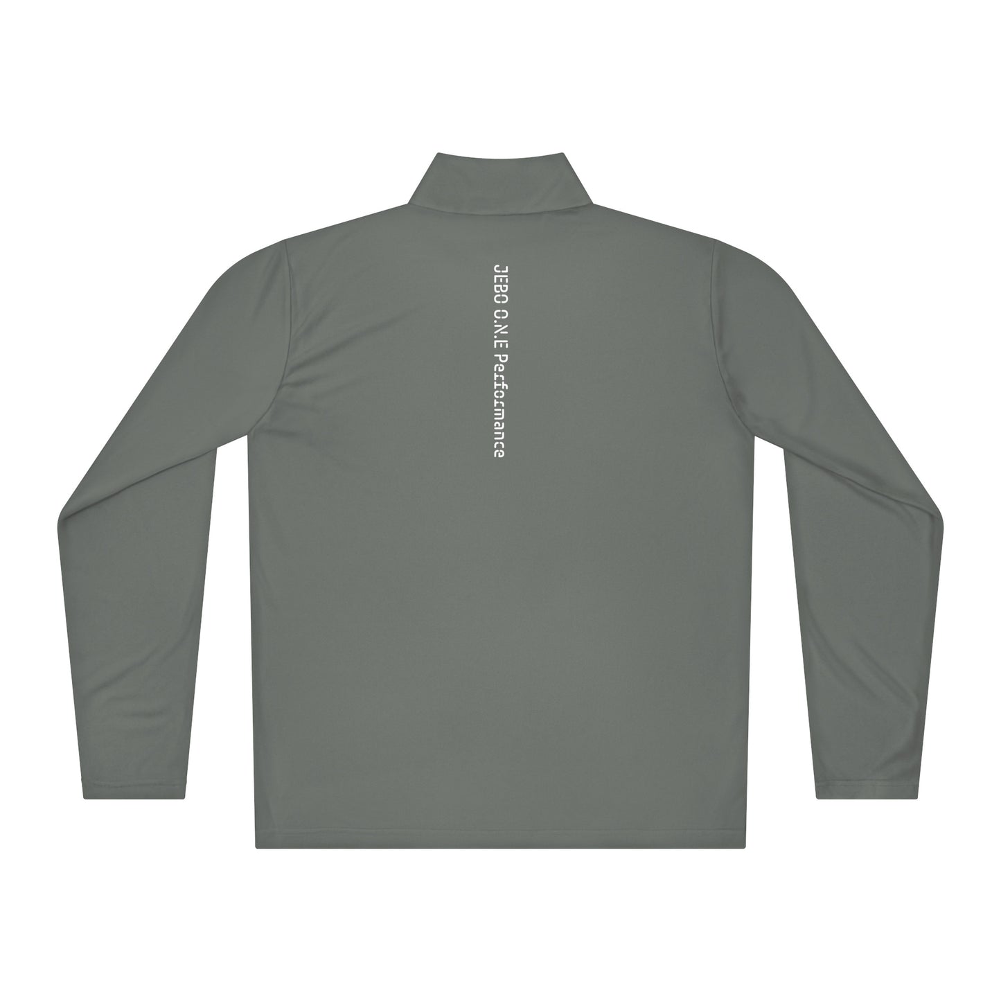 Performance quarter-zip pullover, olive grey, mock neck half-zip with back logo