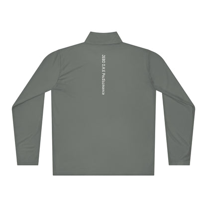 Performance quarter-zip pullover, olive grey, mock neck half-zip with back logo