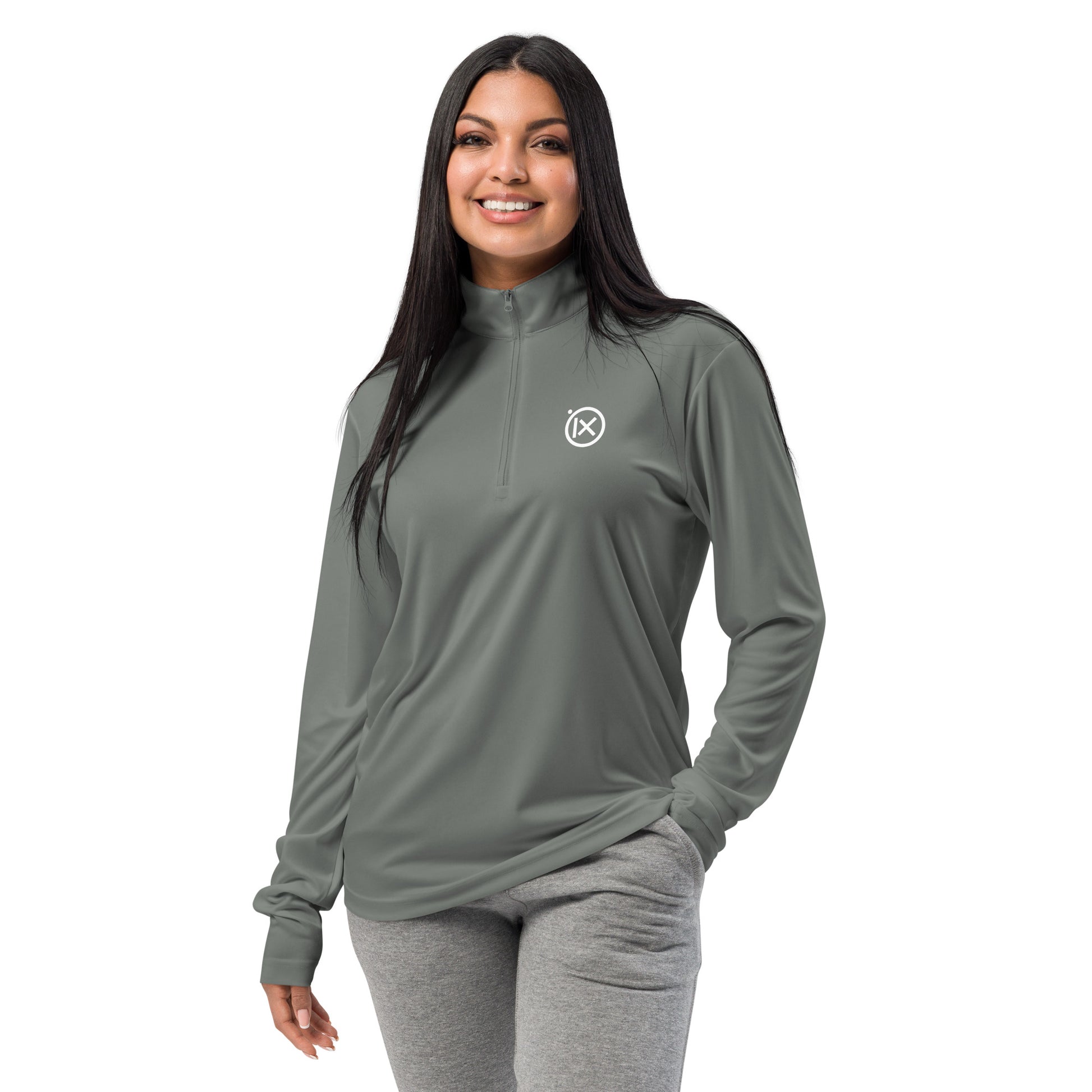 Olive green lightweight quarter-zip pullover with stand collar and long sleeves, front view
