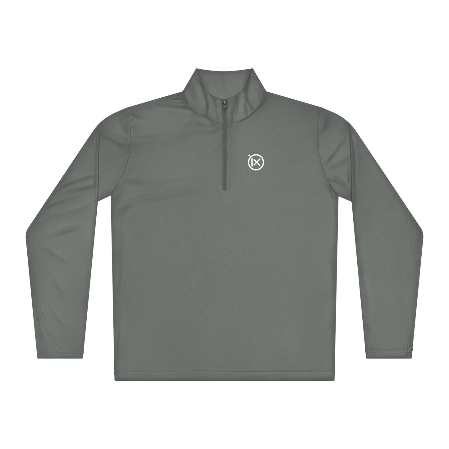 Performance quarter-zip pullover, olive grey, front half-zip with Ix chest logo