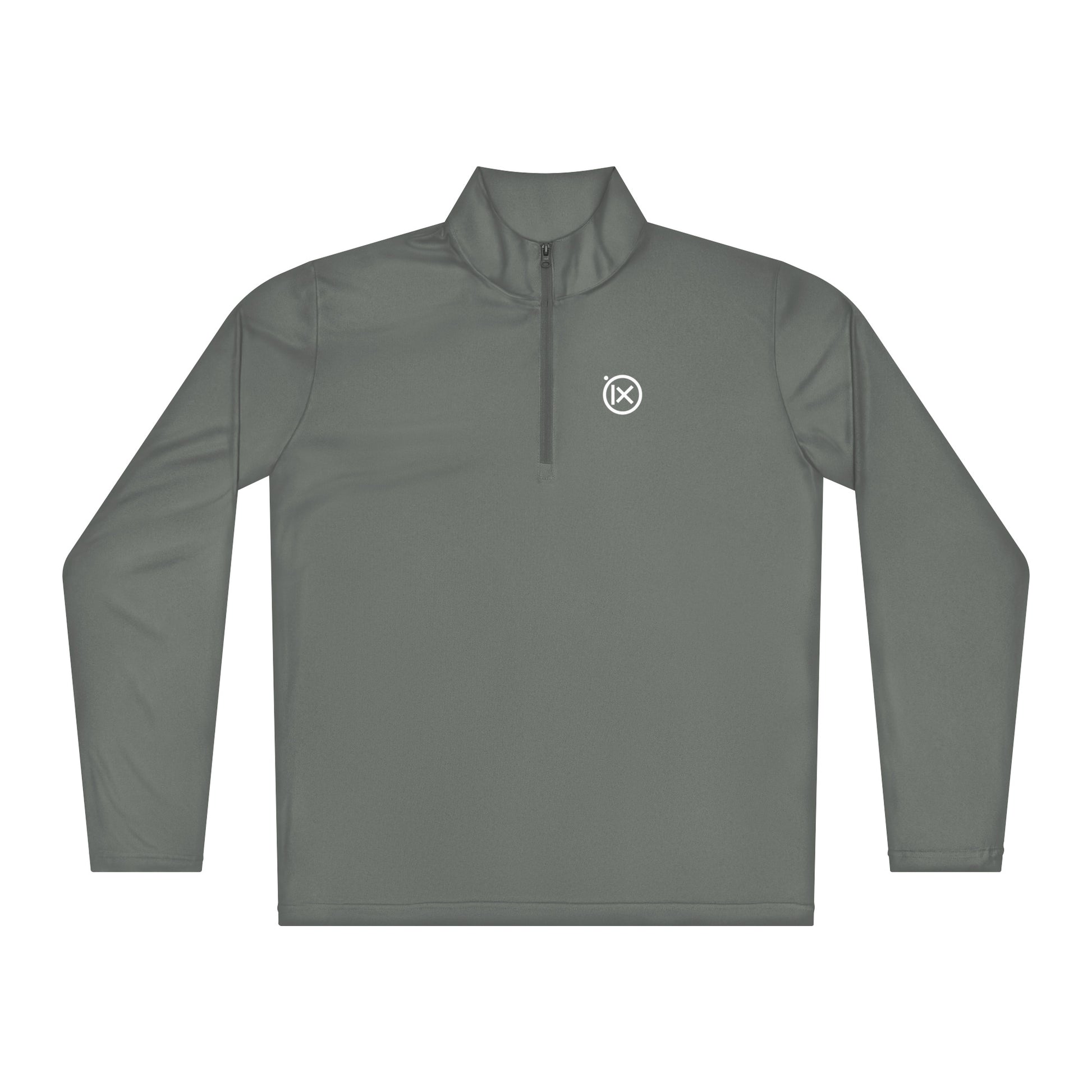 Performance quarter-zip pullover, olive grey, front half-zip with Ix chest logo
