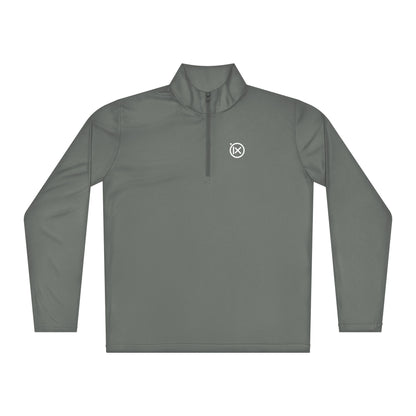 Performance quarter-zip pullover, olive grey, front half-zip with Ix chest logo