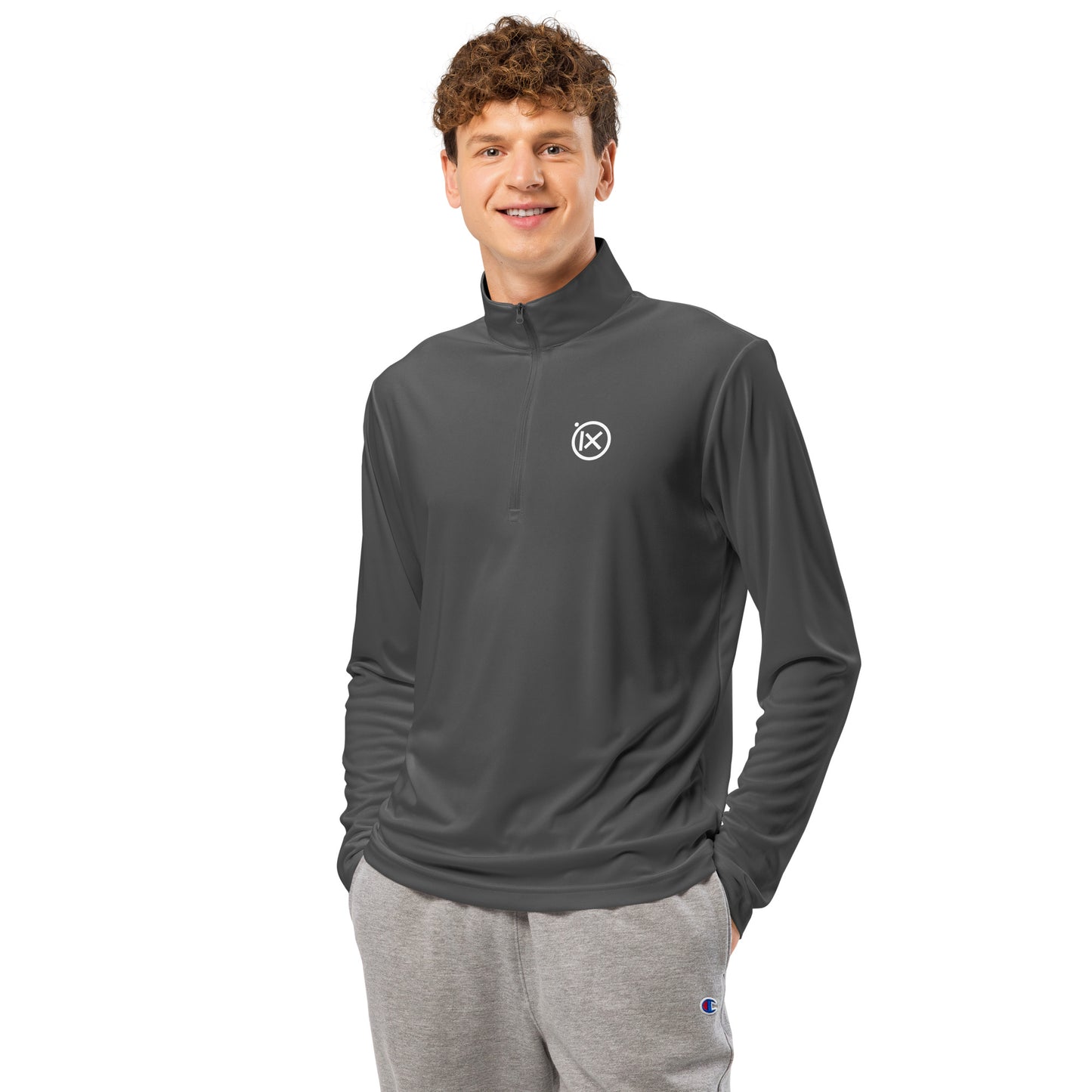 Dark gray lightweight quarter-zip pullover with stand collar and long sleeves, front view
