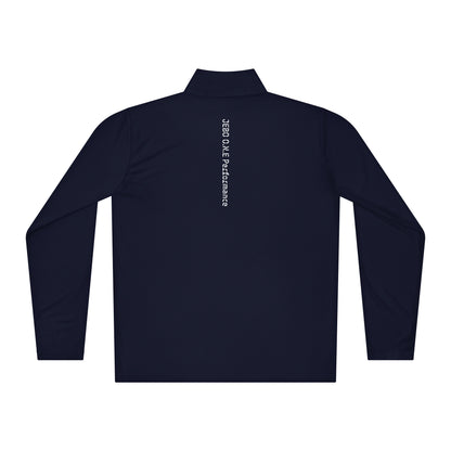 Performance quarter-zip pullover, true navy, mock neck half-zip with back logo