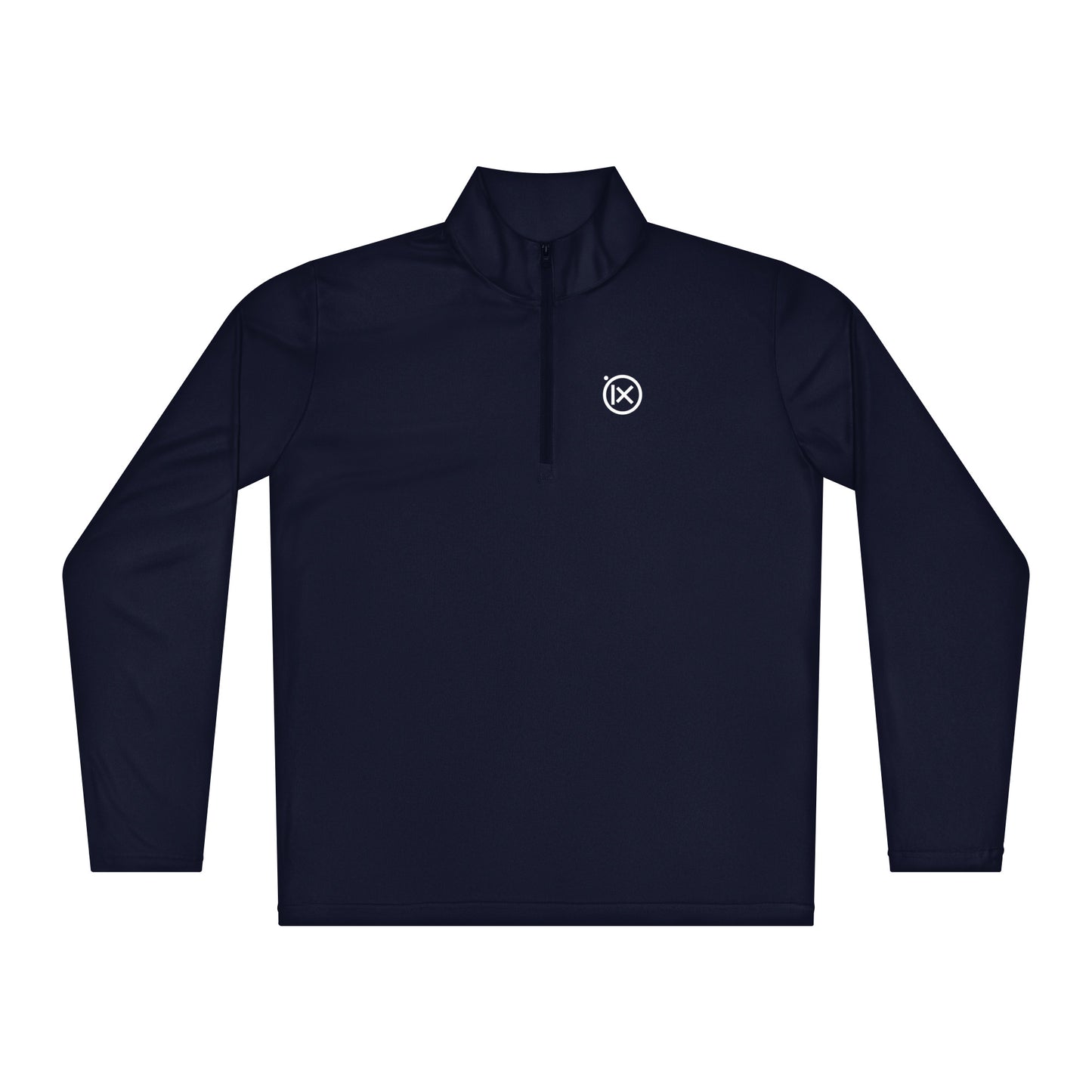 Navy lightweight quarter-zip pullover with mock neck and small chest logo.