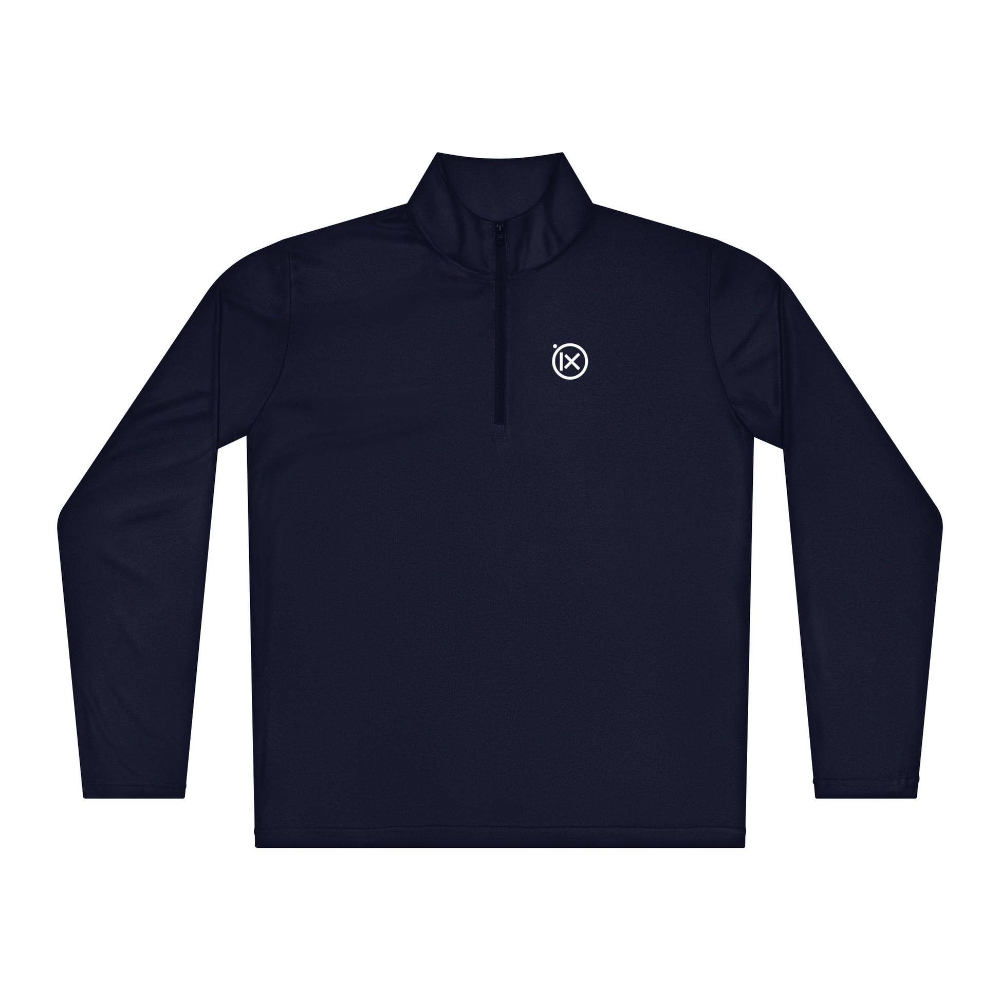 Navy lightweight quarter-zip pullover with mock neck and small chest logo.