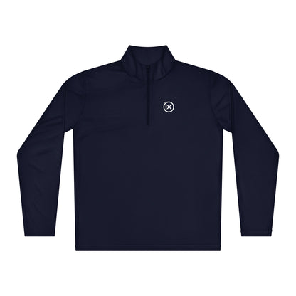 Navy lightweight quarter-zip pullover with mock neck and small chest logo.