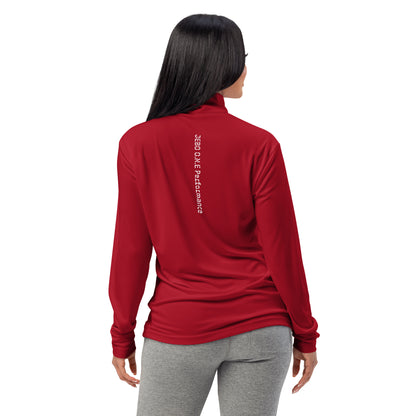 Red lightweight quarter-zip pullover with stand collar and long sleeves, back view