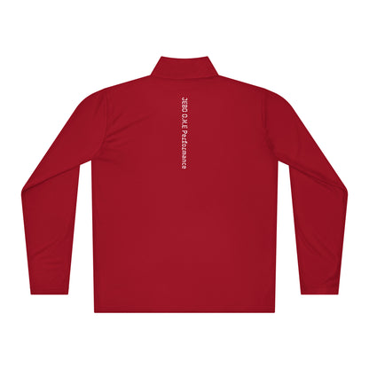 Red lightweight quarter-zip pullover, back view with mock neck and small logo.