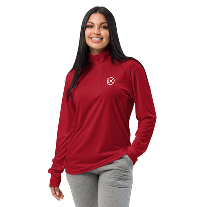 Red lightweight quarter-zip pullover with mock neck and small chest logo.