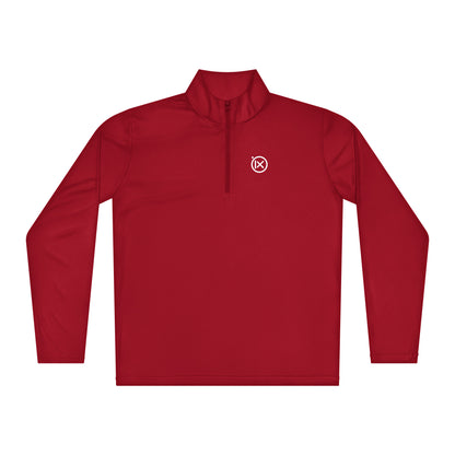 Red lightweight quarter-zip pullover with mock neck and small chest logo.