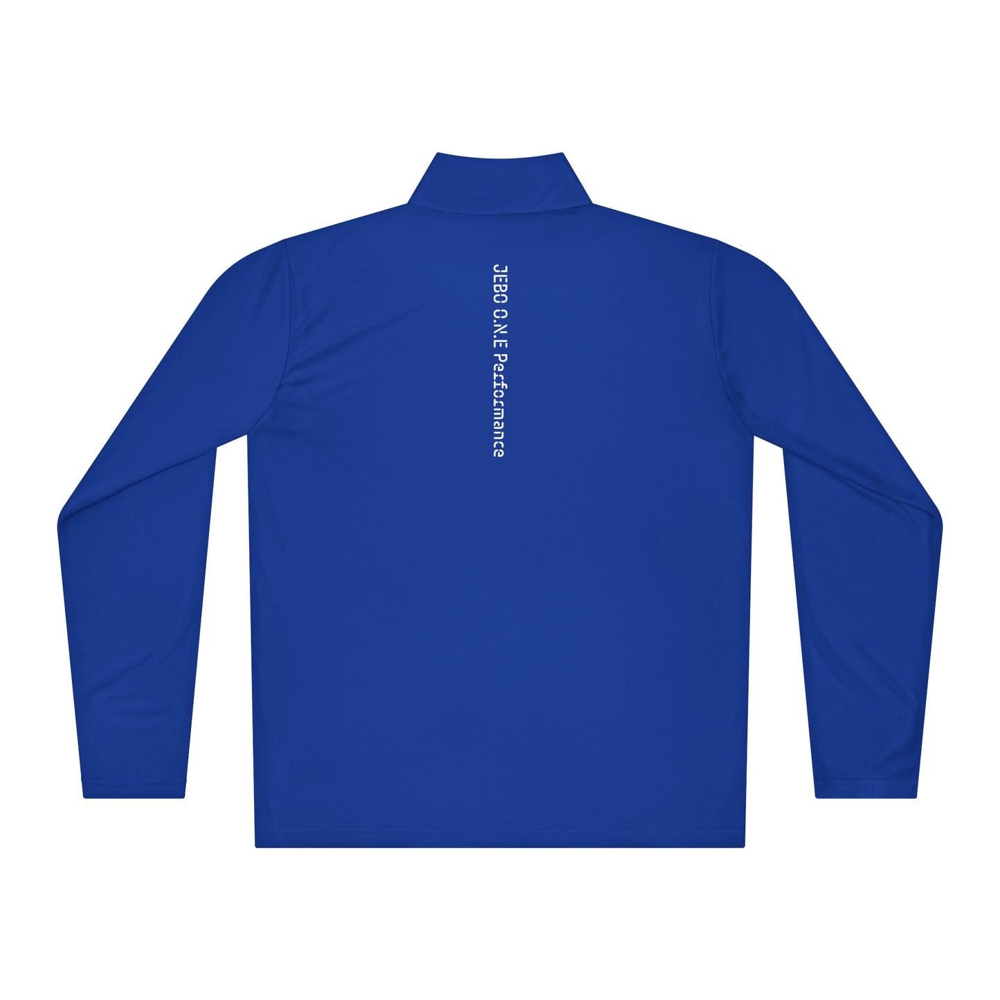 Blue lightweight quarter-zip pullover, back view with mock neck and small logo.