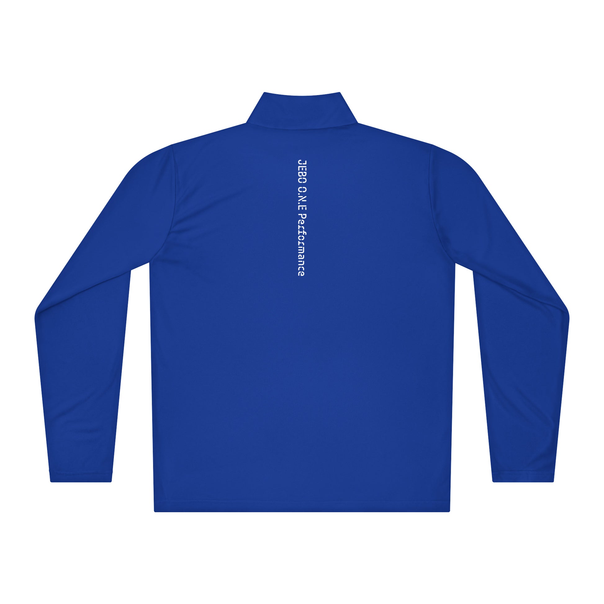 Blue lightweight quarter-zip pullover, back view with mock neck and small logo.
